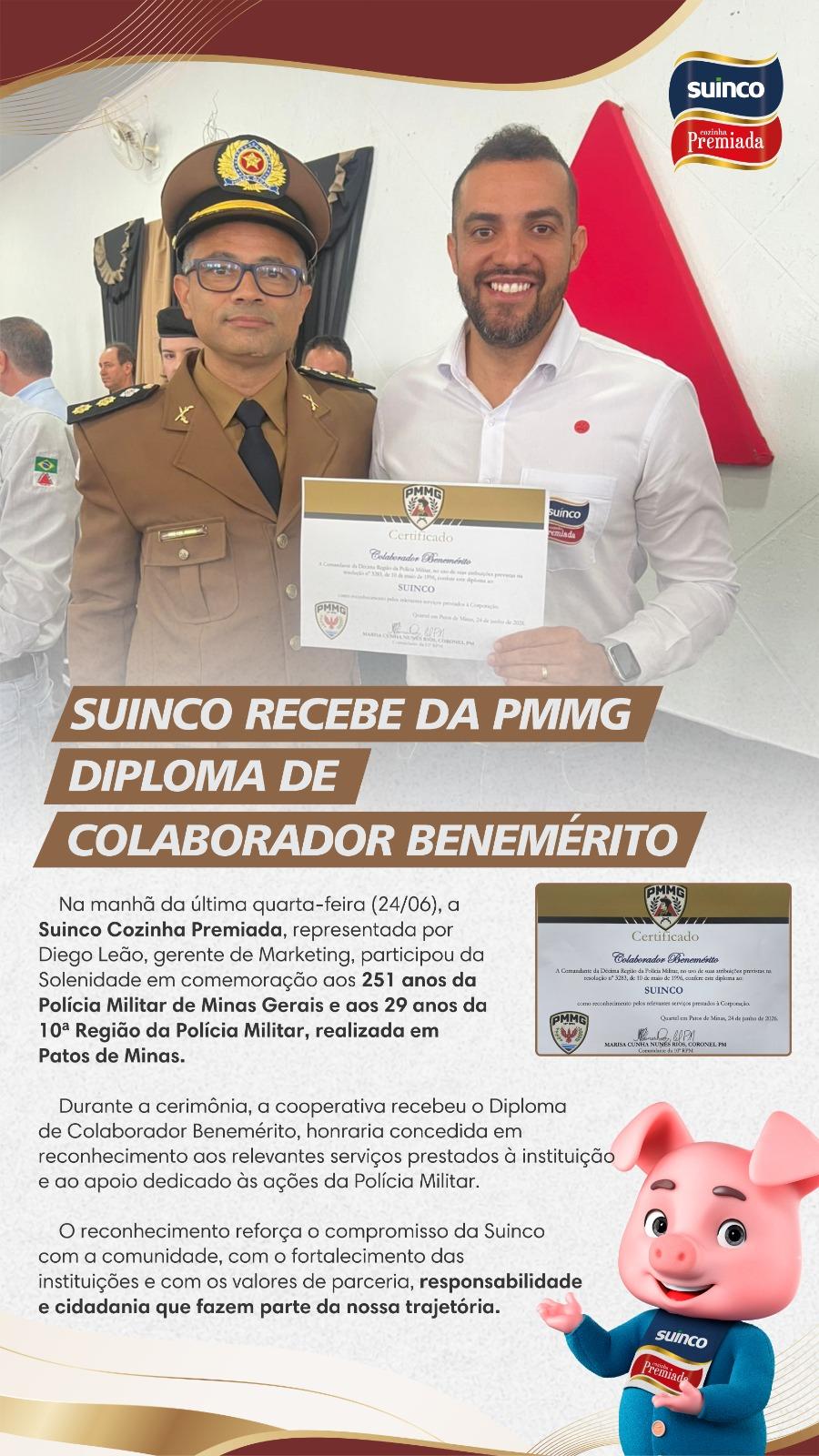 Suinco é homenageada pela Polícia Militar de Minas Gerais