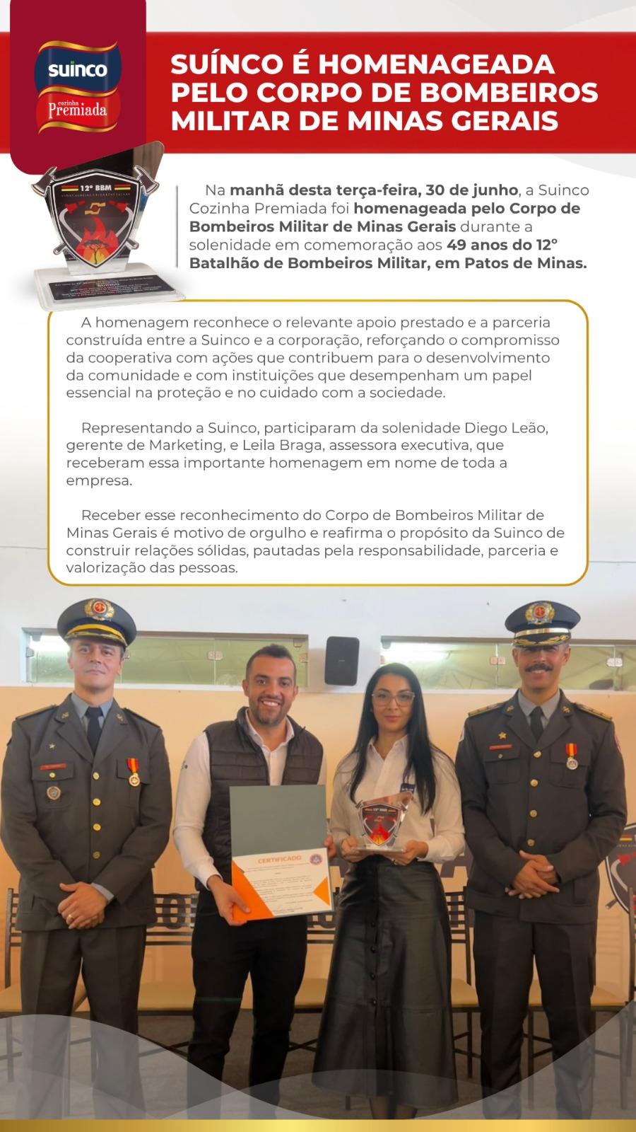 Suinco é homenageada pelo Corpo de Bombeiros Militar de Minas Gerais