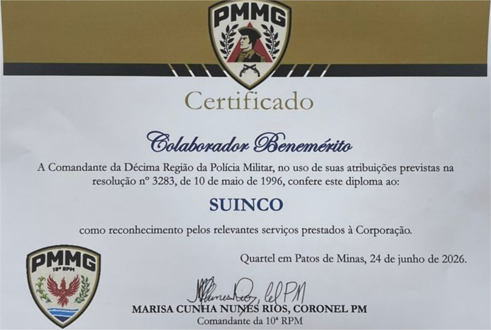 Suinco é homenageada pela Polícia Militar de Minas Gerais