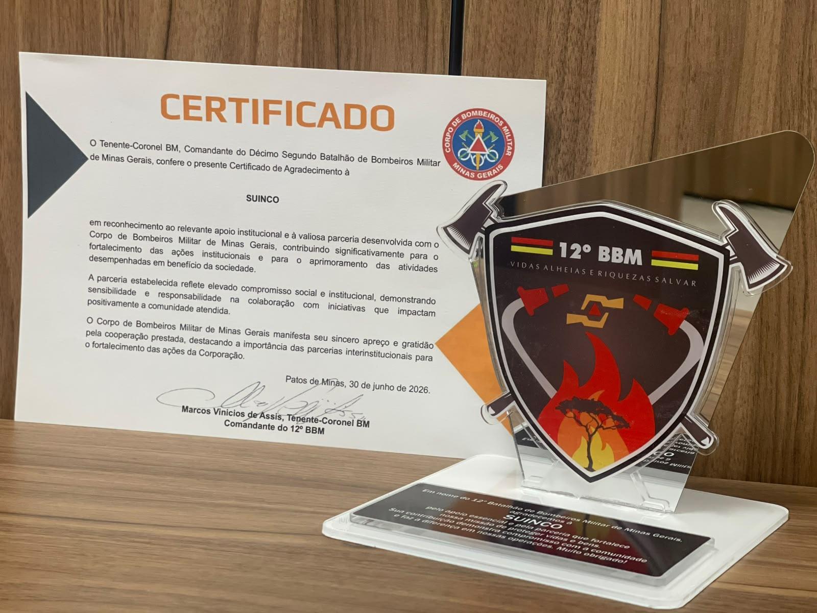 Suinco é homenageada pelo Corpo de Bombeiros Militar de Minas Gerais